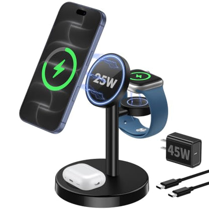 Aeinidi 25W 3 in 1 Fast Wireless Charging Station for MagSafe Charger Stand - color: Classic Black, size: 25W