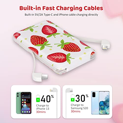 Sethruki Cute Portable Charger 5000mAh Ultra Slim USB C Power Bank for Girls Mini Fast Charging Small Battery Pack with Built in Cables for iPhone iPad Samsung Pixel Android Phones,Strawberry - color: strawberry