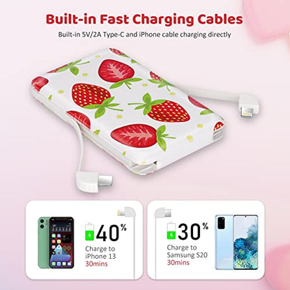 Sethruki Cute Portable Charger 5000mAh Ultra Slim USB C Power Bank for Girls Mini Fast Charging Small Battery Pack with Built in Cables for iPhone iPad Samsung Pixel Android Phones,Strawberry - color: strawberry