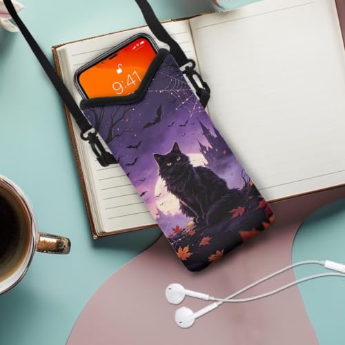 Women Cross Body Phone Purse Neoprene Mobile Phone Bag with Adjustable Strap Lightweight Mini Smartphone Purse Travel Essentials for Phone, Keys, Black Cat Maple Leaf Bat Print Violet - color: Black Cat Maple Leaf Bat Print Violet
