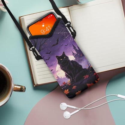 Women Cross Body Phone Purse Neoprene Mobile Phone Bag with Adjustable Strap Lightweight Mini Smartphone Purse Travel Essentials for Phone, Keys, Black Cat Maple Leaf Bat Print Violet - color: Black Cat Maple Leaf Bat Print Violet