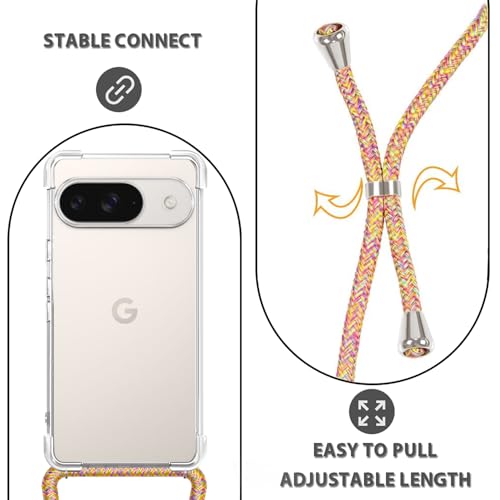 for Google Pixel 9 Lanyard Case Clear Adjustable Cord Neck Shoulder Crossbody Strap Mobile Cover Transparent Durable Soft Cover Women Shockproof Protective Phone Case for Pixel 9 - Rainbow - size: for Google Pixel 9
