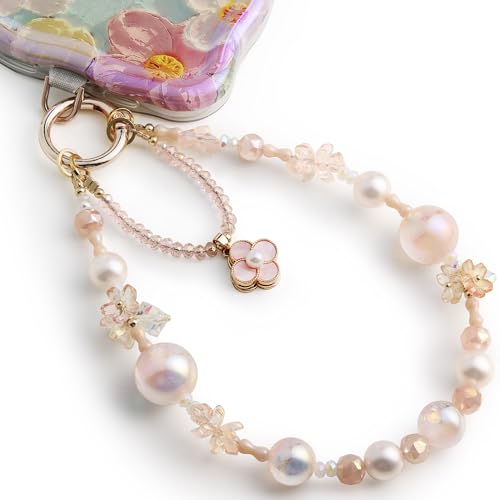 POSADINA Phone Charm for Women, Anti-Theft Phone Wrist Strap Hands-Free & Beaded Chain, Detachable Cell Phone Lanyard with Tether Tab - color: Pink Blossom