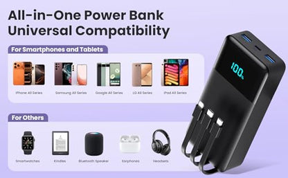 Portable Charger Power Bank 50800mAh,25W USB C Fast Charging Battery Pack with 3 Built in Cables & LED Display,6 Outputs 2 Inputs Travel Essentials Phone Charger for iPhone 18/17/16/15,Galaxy,Android - color: Black
