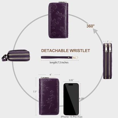 yiijay Womens Wallet RFID Blocking Large Capacity Vegan Leather Double Zip Wristlet Wallet Card Holder Travel Ladies Clutch - color: Dark Purple