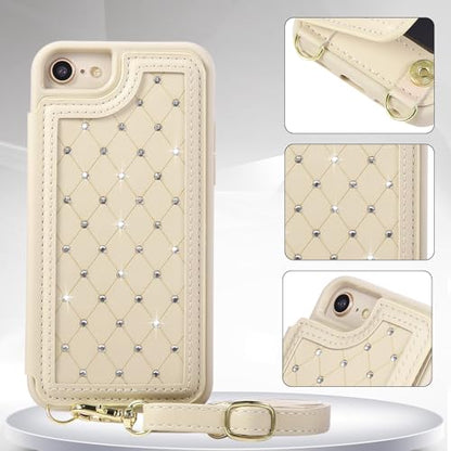 for iPhone 7/8/SE 2022/SE 2020 Wallet Case with Card Holder Slots and Strap, RFID Blocking Magnetic Flip Folio Cover, Crossbody Purse Protection Case with Kickstand,Beige Diamond - color: Beige Diamond, size: iPhone 7/8/SE 2022/SE 2020(6.6")