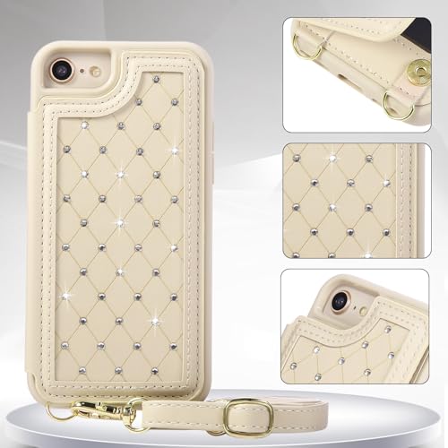 Crossbody Wallet Case for iPhone 7/8/SE 2020/SE 2022(4.7") with Detachable Strap - PU Leather Flip Folio with Card Slots & RFID Blocking, Sparkling Diamond Accents-Beige - color: Beige, size: iPhone 7/8/SE 2020/SE 2022(4.7")