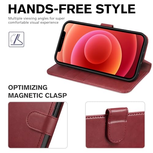 TUCCH Case Wallet for iPhone 12/12 Pro 6.1", RFID Blocking Folio, Dark Red | 3 Card Holders, Kickstand, PU Leather, Magnetic Closure, Shockproof TPU Shell, Protective Flip Cover - color: Dark Red