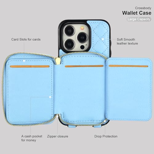 Bocasal Crossbody Wallet Case Card Holder for iPhone 15 Pro, Light Blue | RFID Blocking PU Leather Zipper Handbag Purse, Kickstand Flip Folio Case with Card Slots Holder Wrist Strap Lanyard 6.1 Inch - color: Blue