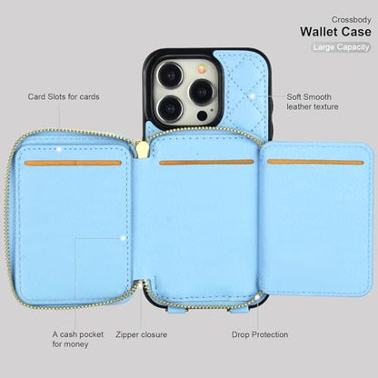 Bocasal Crossbody Wallet Case Card Holder for iPhone 15 Pro, Light Blue | RFID Blocking PU Leather Zipper Handbag Purse, Kickstand Flip Folio Case with Card Slots Holder Wrist Strap Lanyard 6.1 Inch - color: Blue