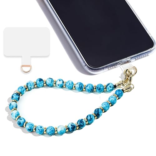Marble Beaded Phone Wrist Strap for Women, Detachable Design - color: Blue Ink