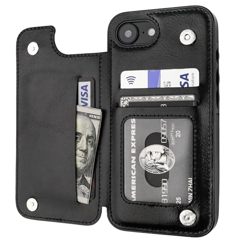 ONETOP for iPhone 17e/16e Wallet Case with Credit Card Holder,Black | Kickstand,ID/Cash Holder,Case Wallet with Card Slots,Double Magnetic Clasp,Durable PU Leather Shockproof Cover for Women Men - color: Black