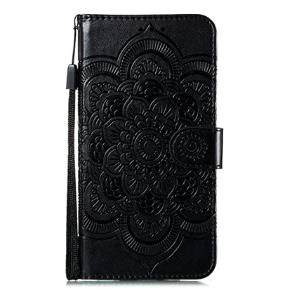 EYZUTAK Case for iPhone 13 Pro, Premium PU Leather Magnetic Flip Wallet Case with Card Holder Cash Slot Lanyard Strap Kickstand Function Embossed Mandala Flower Pattern Shockproof Cover - Black - color: Black, size: iPhone 13 Pro