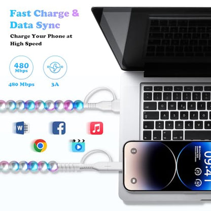 USB C Charging Cable Beaded Charger Cord 4 in 1 [MFi Certified] - color: Pearl 4 in 1