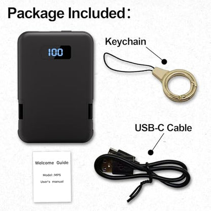 Ultra-Slim 5000mAh Portable Charger for iPhone & Android, Mini Power Bank with Built-in Cables (USB-C & iOS), 5V/2A Small External Battery Pack for iPhone 16/15/14/13, Samsung, Google – Black