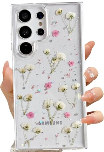 LSEEKA for Samsung Galaxy S23 Ultra Clear Case with Pressed Real Dried Pink Flower Design,Transparent Glitter Cute Floral Slim Soft TPU Protective Phone Cover for Samsung Galaxy S23 Ultra - color: Pink, size: for Samsung Galaxy S23 Ultra