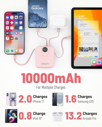 Small Portable Charger with Built-in Cables,22.5W Fast Charging Power Bank,USB-C Mini Battery Pack 10000mAh,Travel Essential Powerbank for iPhone Samsung Android MacBook iPad,Pink - color: pink