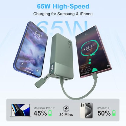 NOBIS Portable Charger 20000mAh 65W Power Bank w/Detachable Cable - color: Green