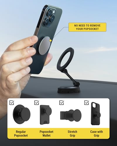 Scosche MagSafe Car Mount, Magnetic Phone Holder for Car Dashboard & Windshield with Foldable Arm, Adhesive Swivel Base with 360° Rotation, Compatible with iPhone 17/16/15/14/13/12 and PopSockets