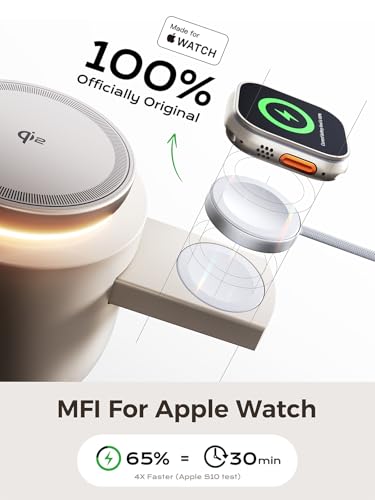 THREEKEY 4 in 1 Qi2 Magnetic Wireless Charging Station, 15W Fast Charger with Made for Apple Watch Charging Module, for iPhone 18–12 Series & AirPods, 65W Adapter Included - color: Sand