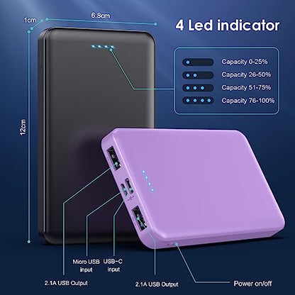 [2 Pack] Portable Charger Power Bank 10000mAh,Ultra Slim Compact External Battery Pack with USB C Input & Dual USB Outputs Backup Charger Compatible with iPhone 14,13, Samsung S20,Tablet-Black+Purple - color: Black+Purple