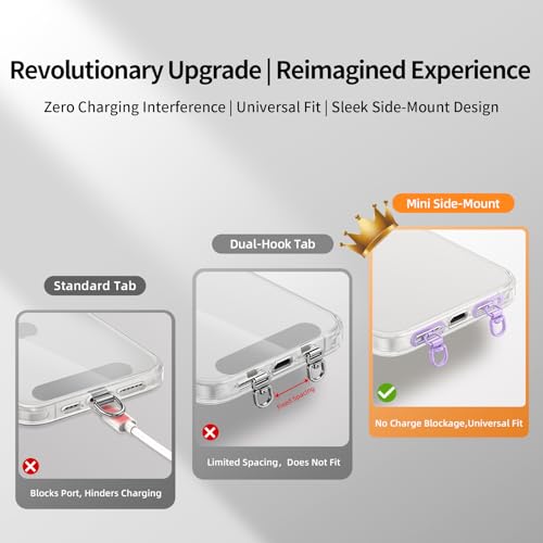 saxsion Side-Mount Phone Tether Tab, Metal Lanyard Patch, 360° Swivel Clip, 304 Stainless Steel, Won't Block Charging Port - color: Lilac
