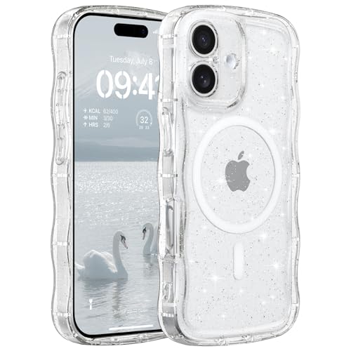 FABSPARK Glitter Case for iPhone 16 Plus,Fit for MagSafe,Clear | Magnetic Curly Wavy Frame | Sparkly Bling Glitter | Transparent Clear Acrylic Hard PC for iPhone 16 Plus,Clear - color: Glitter Clear, size: for iPhone 16 Plus