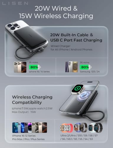 LISEN 0.5'' Ultra Slim MagSafe Power Bank for iPhone and Apple Watch,10000mAh MagSafe Battery Pack,Alloy Magnetic Portable Charger for iPhone 16 Pro Max Plus/15, Apple Watch S11 /S10 S9 SE，Black - color: Dark Black