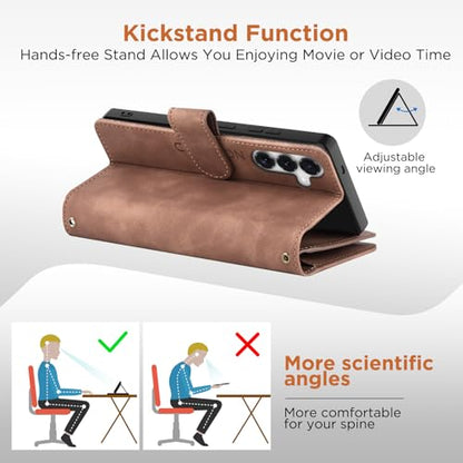 for Samsung Galaxy S26-Wallet Case: with RFID Blocking Card Slots (6 Cards) | Soft PU Leather Magnetic Snap Zipper Pocket | Crossbody Wrist Strap Protective Phone Cover - Brown - color: A Brown, size: Galaxy S26（6.3‘’）