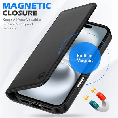 SHIELDON Genuine Leather Folio Wallet Case for iPhone 16 6.1" 2024, Black | Flip Magnetic Cover, Kickstand, RFID Blocking, 3 Credit Card Holder, Book Design, Shockproof, Soft Inner Phone Case - color: Black