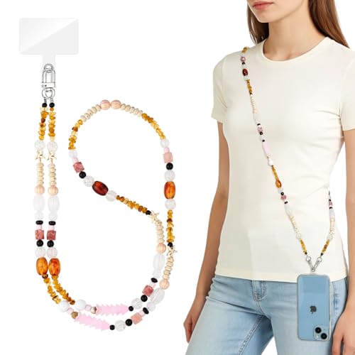 WOZEAH Crystal Cell Phone Lanyard Crossbody Strap for Women, Beaded Phone Strap for Cellphone Case with Tether Tab - color: Brown Starfish Stone