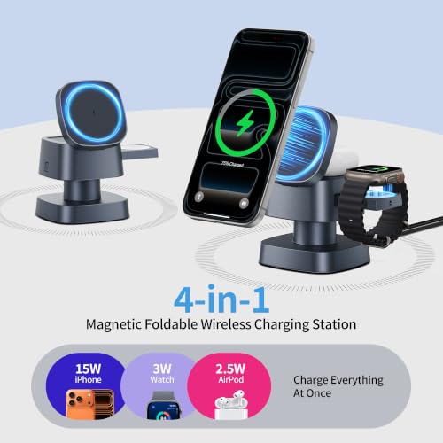 4 in 1 Magnetic Wireless Charging Station,15W Fast Charging with Adjustable Night Light,3 in 1 Wireless Charging Station for iPhone 17/16/15/14/13 Pro Max & Apple Watch,AirPods (Starlight Gray) - color: Starlight Gray