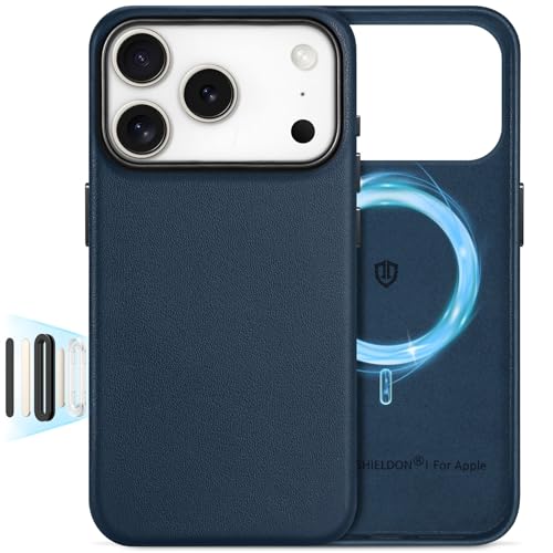 SHIELDON Genuine Leather Case for iPhone 17 Pro 6.3" 2025, Navy Blue | Compatible with MagSafe, Magnetic Wireless Charging, Camera Button, Metal Buttons, Camera Bezel, Slim, Shockproof, Women Men - color: Navy Blue, size: for iPhone 17 Pro
