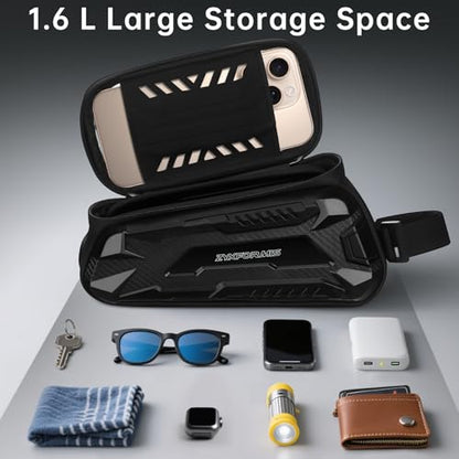Bike Front Frame Bag Waterproof with Phone Mount Holder | 2 in1 EVA Bicycle Top Tube Bag, Waterproof, Rain Cover, TPU Touch Screen, Tool-Free, Sun Visor, Fits Road, Mountain, E-Bikes