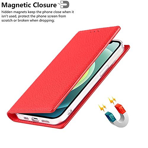 iCoverCase Compatible with iPhone 13 Wallet Case, RFID Blocking Genuine Leather Magnetic Case with Wrist Strap and Card Slots Kickstand Feature Flip Cover 6.1 Inch (Red) - color: Red, size: iPhone 13