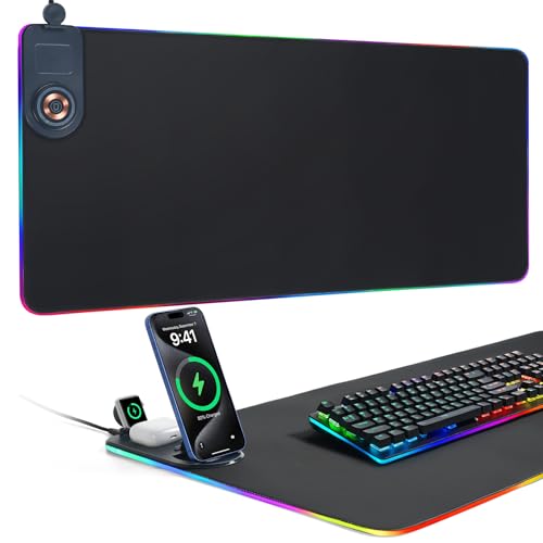 ELUTENG 4-in-1 RGB Gaming Mouse Pad with Wireless Charging & Phone Holder - size: 13L x 5.1W inches