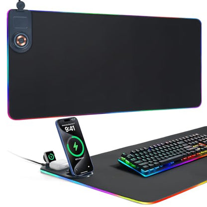 ELUTENG 4-in-1 RGB Gaming Mouse Pad with Wireless Charging & Phone Holder - size: 13L x 5.1W inches