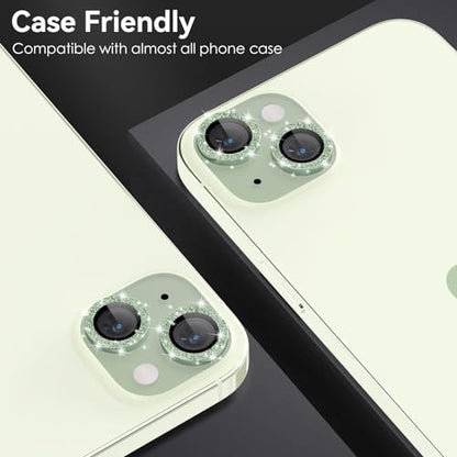 CloudValley for iPhone 15 Plus/iPhone 15 Camera Lens Protector Bling, Ultra-HD Tempered Glass Camera Cover [Case-Friendly] Metal Individual Lens Screen Protective Ring, Glitter Green - color: Glitter Green