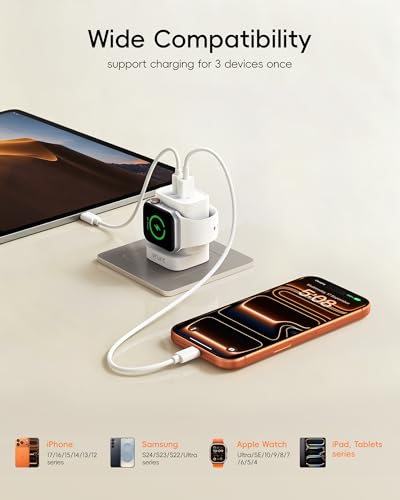 VRURC Fast Charger for Apple Watch, Built-in Wireless Magnetic Charging Station for iWatch SE/11/10/9/8/7/6/5/4, PD 20W USB C Charging Block, Foldable Wall Charger for iPhone 17/16/15/14/13-White - color: White