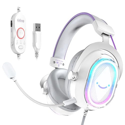 FIFINE AmpliGame H13WP USB Gaming Headset Wired, Customizable RGB Light - color: White and Purple