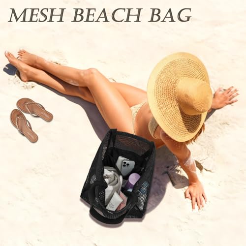 GYEUKHAM Mesh Beach Bag for Women, Sand-Resistant Pool Tote, 9 Pockets (1 Inner Zip), Foldable Family Travel Essentials - color: 2 Pockets-black