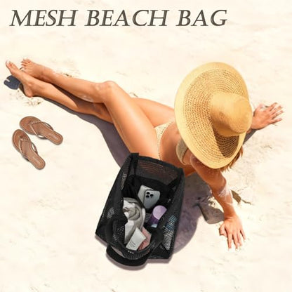 GYEUKHAM Mesh Beach Bag for Women, Sand-Resistant Pool Tote, 9 Pockets (1 Inner Zip), Foldable Family Travel Essentials - color: 2 Pockets-black