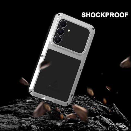 LOVE MEI Military Rugged Case for Samsung Galaxy S25 FE 5G, with Tempered Glass Screen Protector, Shockproof Dustproof Scratch Proof Hybrid Metal and Silicone Gel Heavy Duty Full Body Cover (Silver) - color: Silver