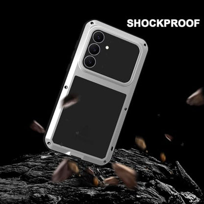 LOVE MEI Military Rugged Case for Samsung Galaxy S25 FE 5G, with Tempered Glass Screen Protector, Shockproof Dustproof Scratch Proof Hybrid Metal and Silicone Gel Heavy Duty Full Body Cover (Silver) - color: Silver