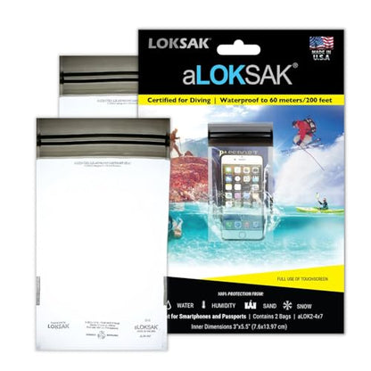 LOKSAK - aLOKSAK Waterproof Cellphone Dry Bags - Airtight Underwater Phone Pouch - Touch Screen Compatible - Diving Certified - size: 4 x 7 inch - 2 Pack