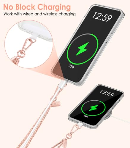 MoKo Metal Phone Crossbody Chain Lanyard with Wrist Strap and 2 Patches - color: Pale Rose Gold