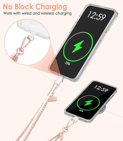 MoKo Metal Phone Crossbody Chain Lanyard with Wrist Strap and 2 Patches - color: Pale Rose Gold