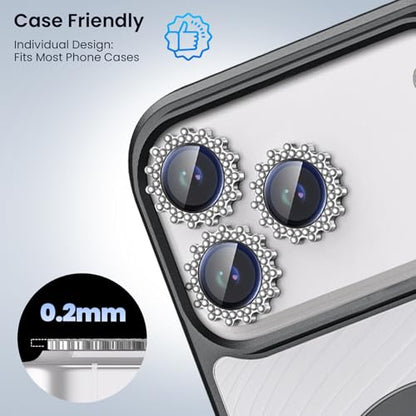 Compatible for iPhone 17 Pro/17 Pro Max Camera Lens Protector, Explosion-Proof 9H Tempered Glass with Diamond Gear Metal Ring, HD Anti-Scratch Lens Protection Decoration Accessories (Silver)