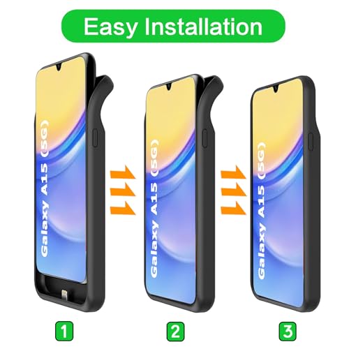 Battery Case for Galaxy A15, Upgraded 10000mAh Battery Pack Rechargeable Charger Case with Wireless Charging Compatible for Galaxy A15 (6.5 inch) External Battery Charging Cover (Black) - size: Galaxy A15