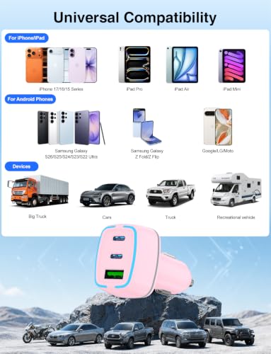 75W USB C Car Charger, 3-Port Super Fast Charging Cigarette Lighte - color: Pink